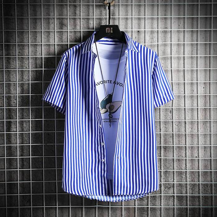 【M-4XL】2021新款韓版條紋修身彈力襯衫，品質做工，帥氣有型，聚會/出行/旅遊皆適宜！