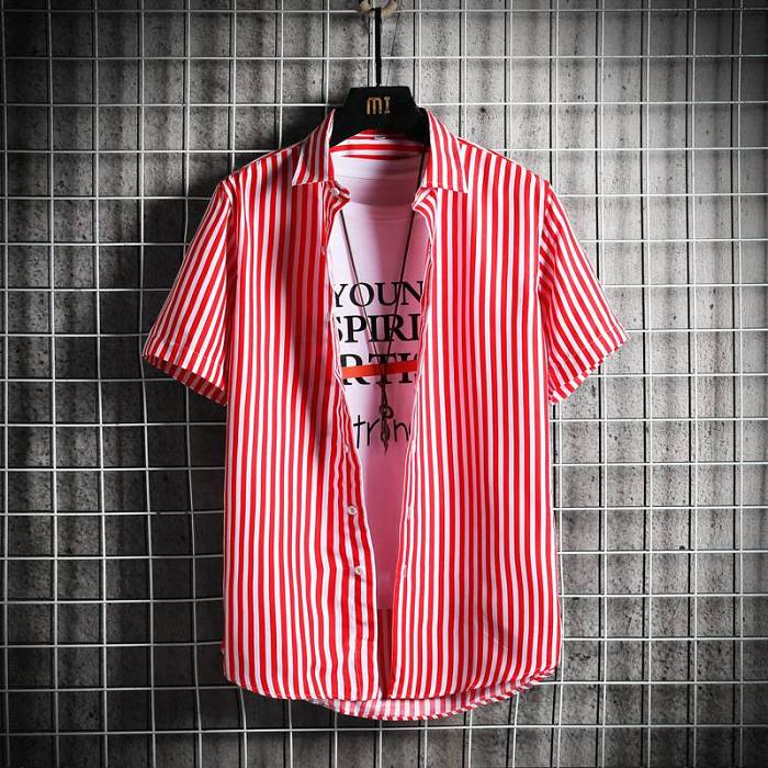【M-4XL】2021新款韓版條紋修身彈力襯衫，品質做工，帥氣有型，聚會/出行/旅遊皆適宜！