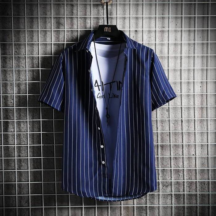 【M-4XL】2021新款韓版條紋修身彈力襯衫，品質做工，帥氣有型，聚會/出行/旅遊皆適宜！