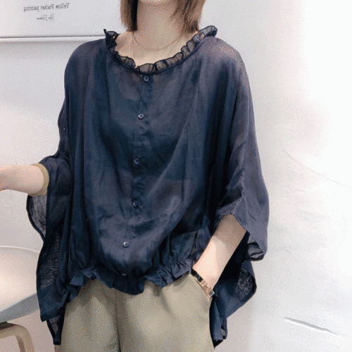 【日本進口】2021新款夏裝寬鬆蝙蝠袖亞麻襯衫