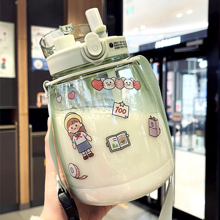 高顔值可愛女生超大容量雙飲帶吸管水瓶水壺塑料水杯子女韓版