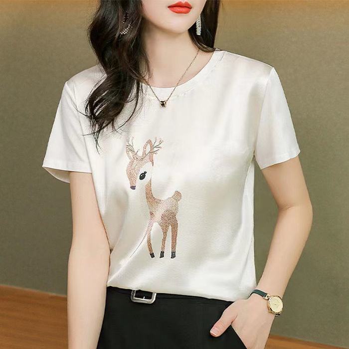 2021新款真絲短袖女t卹韓版春夏印花寬鬆大碼桑蠶絲半袖襯衫上衣【買1送1，40-80kg可穿】