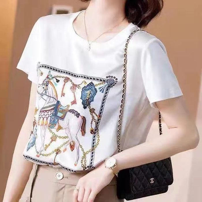 2021新款真絲短袖女t卹韓版春夏印花寬鬆大碼桑蠶絲半袖襯衫上衣【買1送1，40-80kg可穿】