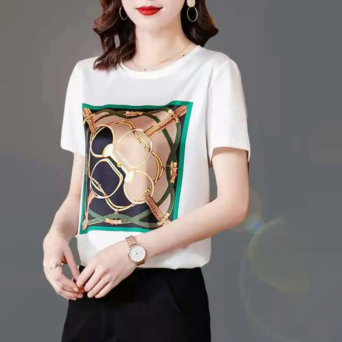 2021新款真絲短袖女t卹韓版春夏印花寬鬆大碼桑蠶絲半袖襯衫上衣【買1送1，40-80kg可穿】