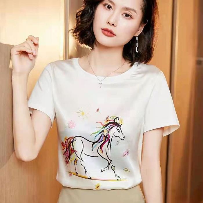 2021新款真絲短袖女t卹韓版春夏印花寬鬆大碼桑蠶絲半袖襯衫上衣【買1送1，40-80kg可穿】
