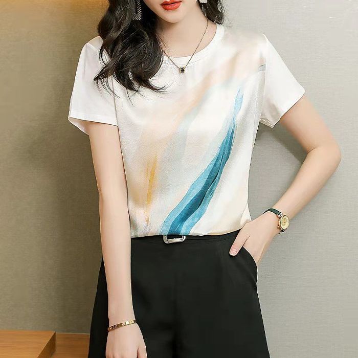2021新款真絲短袖女t卹韓版春夏印花寬鬆大碼桑蠶絲半袖襯衫上衣【買1送1，40-80kg可穿】
