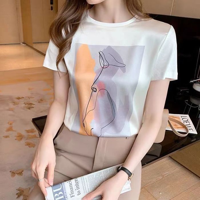 2021新款真絲短袖女t卹韓版春夏印花寬鬆大碼桑蠶絲半袖襯衫上衣【買1送1，40-80kg可穿】