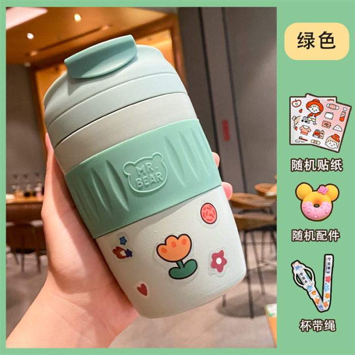 【日本Mr.bear】創意高顏值隨行杯304不鏽鋼保溫杯，可DIY帶吸管370ML耐高溫水杯