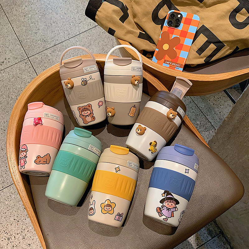 【日本Mr.bear】創意高顏值隨行杯304不鏽鋼保溫杯，可DIY帶吸管370ML耐高溫水杯
