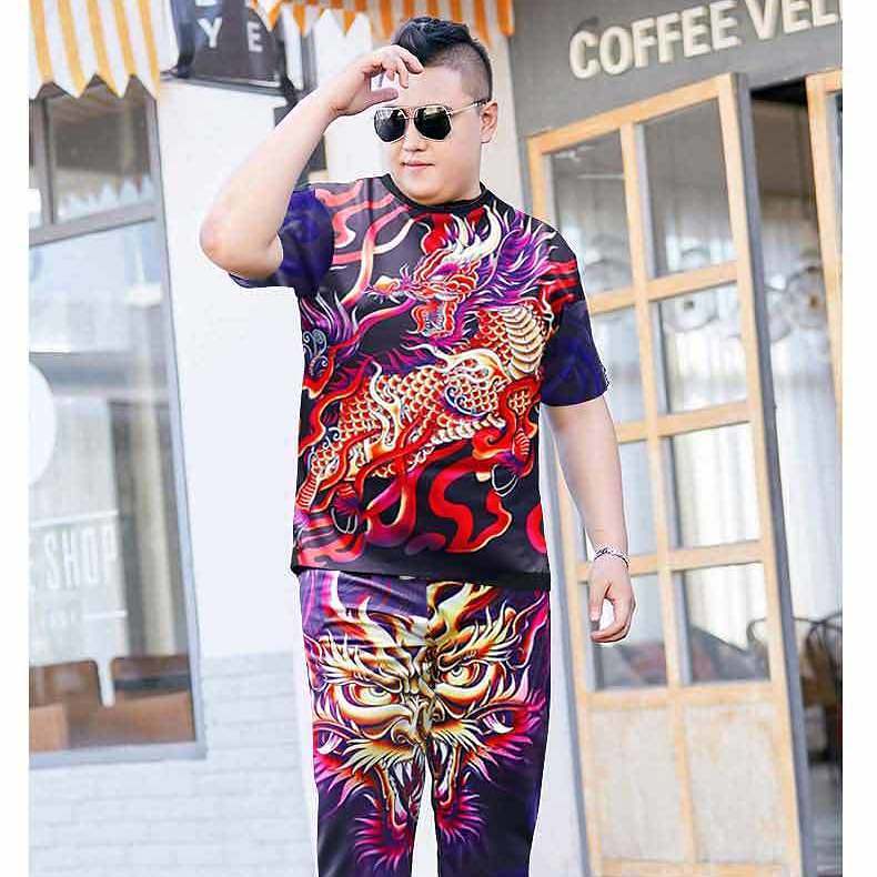 【專櫃直售 】高質量男士大碼套裝 印花T恤+長褲套裝 亞洲版型 舒適 透氣 潮流型男!!80-300斤可穿