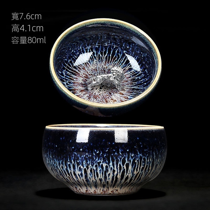 鑲銀建盞窯變天目純手工陶瓷主人杯碗單杯十二生肖品茶盞功夫茶杯