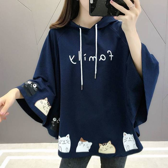 【風靡歐美】2021金牌女裝連帽可愛貓咪蝙蝠袖衛衣，獨家設計師新款，時尚洋氣 高品質 超有質感！