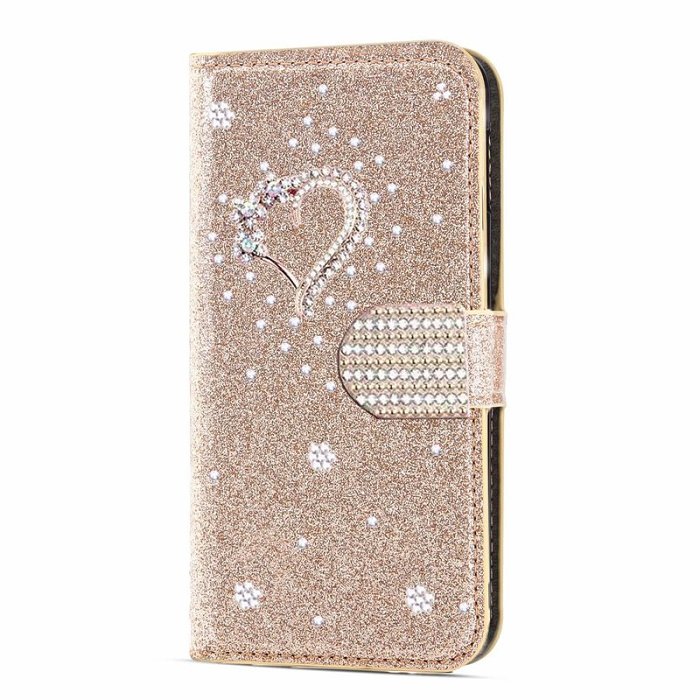 เหมาะสำหรับ iPhone เคสโทรศัพท์มือถือ เคสหนังแวววาว ฝาพับ rhinestone Love ฝาครอบป้องกัน