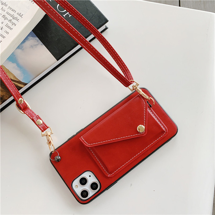 iPhone 斜挎繩立體零錢包插卡皮質手機殼
