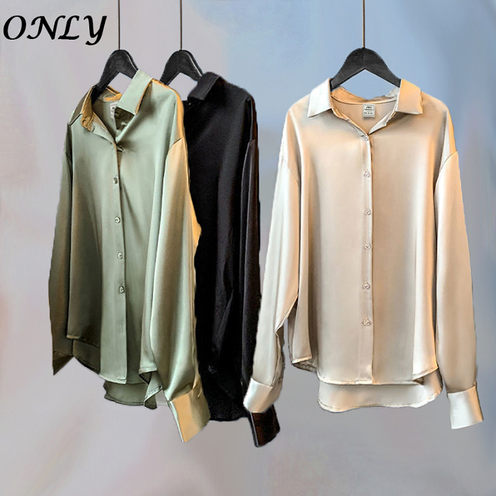 เสื้อเชิ้ตผ้าซาตินแขนยาวผู้หญิงมีดีไซน์เฉพาะและหลวม