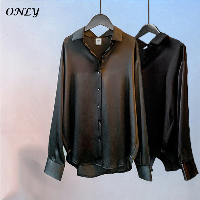 เสื้อเชิ้ตผ้าซาตินแขนยาวผู้หญิงมีดีไซน์เฉพาะและหลวม