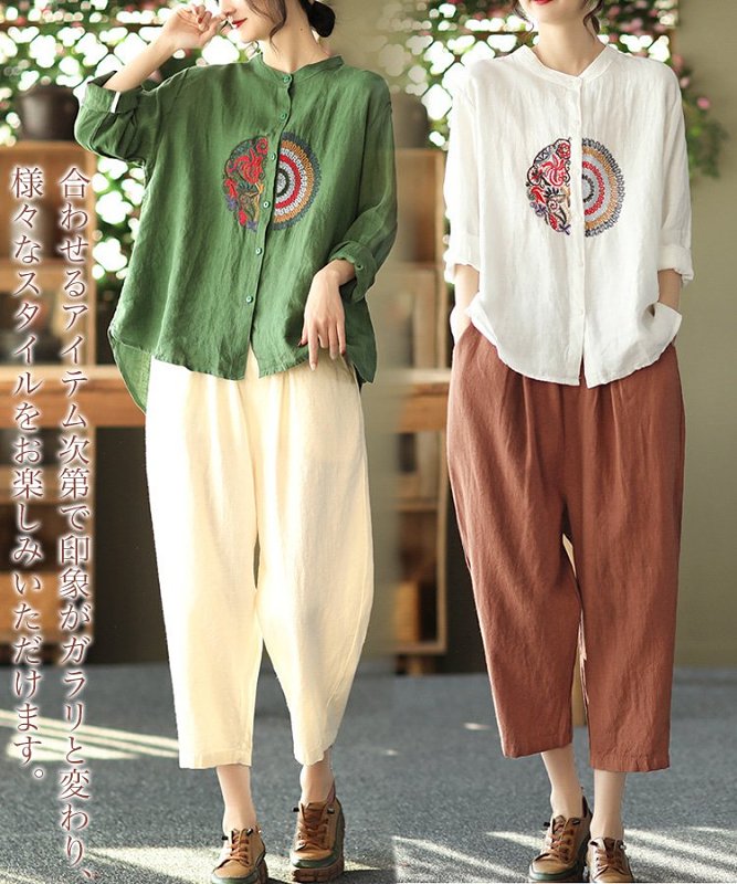 綿麻刺繍入り長袖シャツ