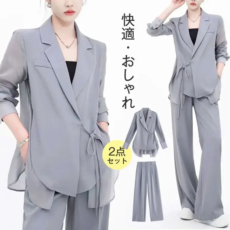 大人上品シアー素材切替軽薄シャツ+ワイドパンツセットアップ