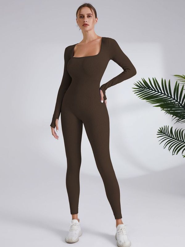 Women's Solid Ribbed Long Sleeve Sports Second-Skin Feel Tight-Fitting Playsuit Jumpsuit, Workout Ribbed Long Sleeve Exercise Sportswear Bodysuits Bodycon Jumpsuit, New Trendy Seamless Jumpsuits One-piece Yoga Suit