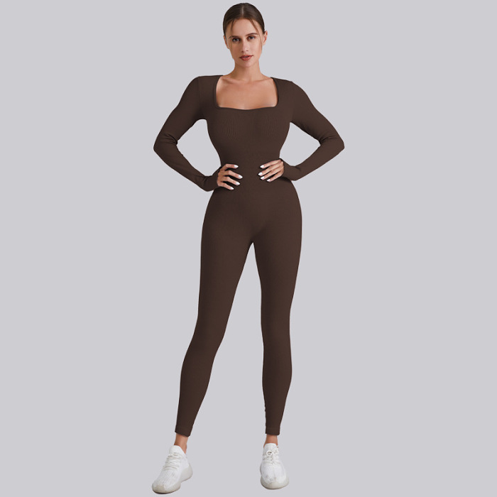 Women's Solid Ribbed Long Sleeve Sports Second-Skin Feel Tight-Fitting Playsuit Jumpsuit, Workout Ribbed Long Sleeve Exercise Sportswear Bodysuits Bodycon Jumpsuit, New Trendy Seamless Jumpsuits One-piece Yoga Suit