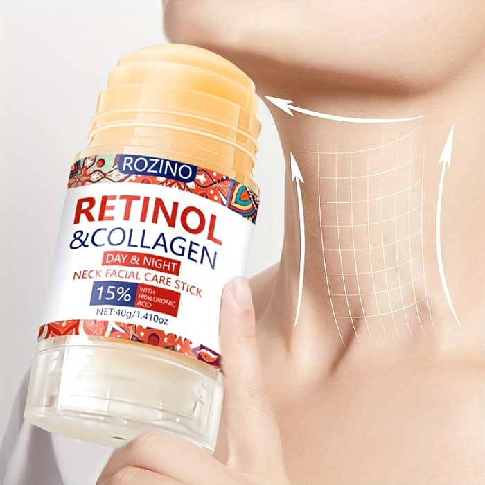 ROZINO Retinol & Collagen Neck Facial Care Stick - Hypoallergenic Moisturizing Serum in Stick Form for All Skin Types with Hyaluronic Acid, Aloe Vera & Glycerin - Tighten and Hydrate Skin Day & Night (40g/1.41oz)