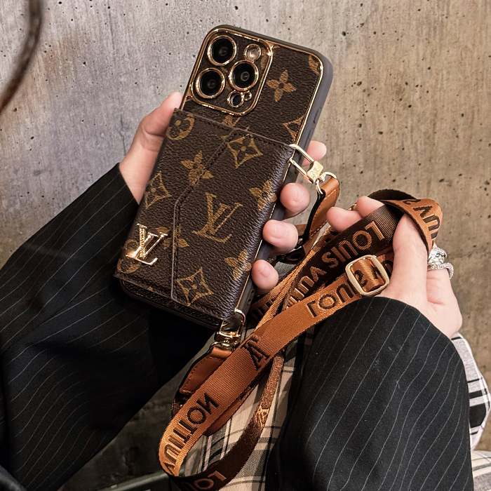 Luxury Leather iPhone Case with Wallet and Strap - Brown