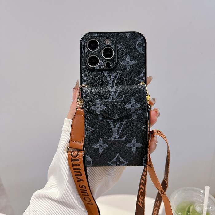 Luxury Leather iPhone Case with Wallet and Strap - Brown