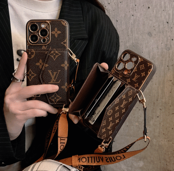 Luxury Leather iPhone Case with Wallet and Strap - Brown