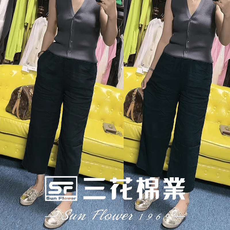 【三花棉業】2025夏季大碼女裝高腰亞麻八分直筒休閒褲
