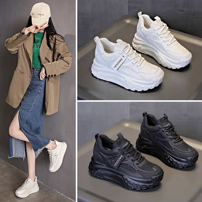 【日本明星愛用推薦👍7CM瞬間高挑】手作小牛皮鬆糕厚底透氣網面運動老爹鞋