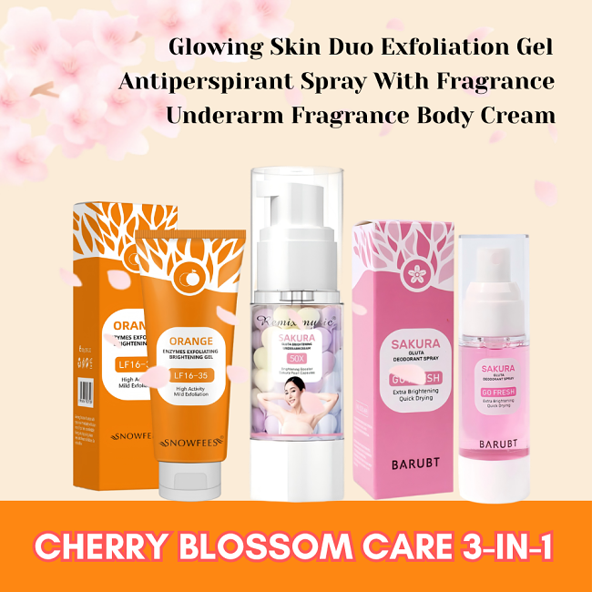 GMEELAN Exfoliating Gel, Whitening Cream, Antiperspirant Spray Cherry Blossom Care 3-Piraso Set