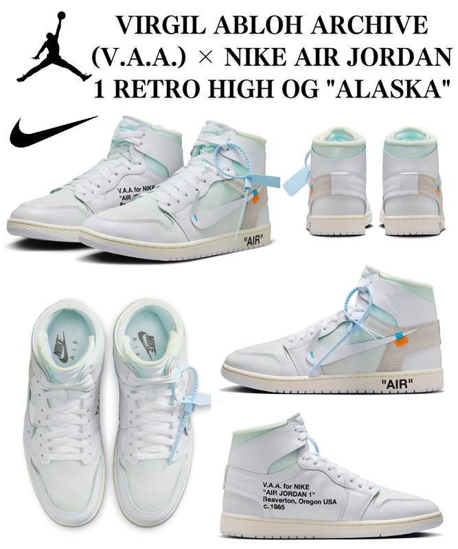 💓今年最も期待されたコラボレーション★大人気の5月27日限定再入荷💥 Virgil Abloh Archive (V.A.A.) × Nike Air Jordan 1 Retro High OG  Alaska ★ 限定100足、半額、在庫限り！お早めにゲット！✔