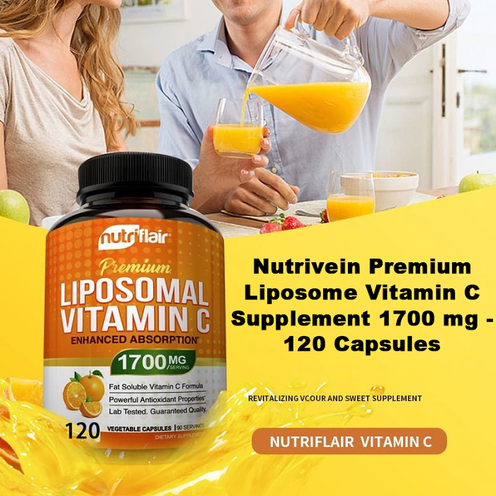 Nutrivein Premium Liposome Vitamin C Supplement 1700 mg - 120 Capsules: High-absorption, high-dose vitamin C capsules for overall defense and health.