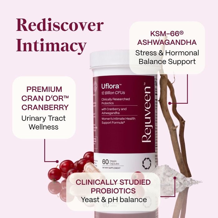 Uflora Probiotics | Supports health, hydration, and yeast | Enhances intimate health | Clinically proven dosage | Probiotics, cranberry, ashwagandha | 60 carats