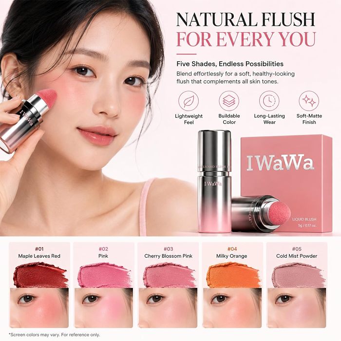 Liquid Blush, IWAWA Puffy Liquid Blush – Jelly Texture Cream Blush with Sponge Tip, Matte Nude Buildable Blusher, Lightweight & Silky Feel, Natural Radiant Finish