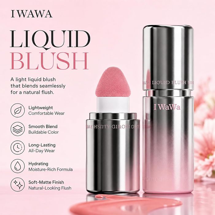 Liquid Blush, IWAWA Puffy Liquid Blush – Jelly Texture Cream Blush with Sponge Tip, Matte Nude Buildable Blusher, Lightweight & Silky Feel, Natural Radiant Finish