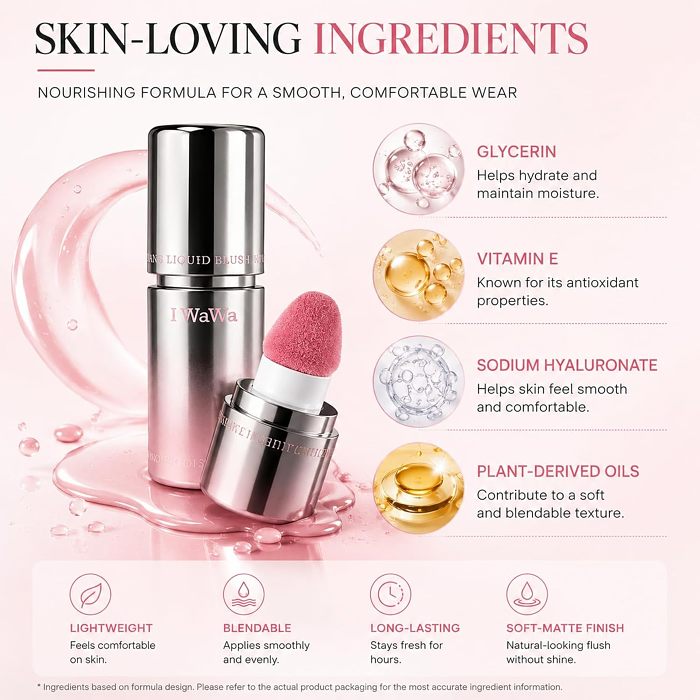 Liquid Blush, IWAWA Puffy Liquid Blush – Jelly Texture Cream Blush with Sponge Tip, Matte Nude Buildable Blusher, Lightweight & Silky Feel, Natural Radiant Finish