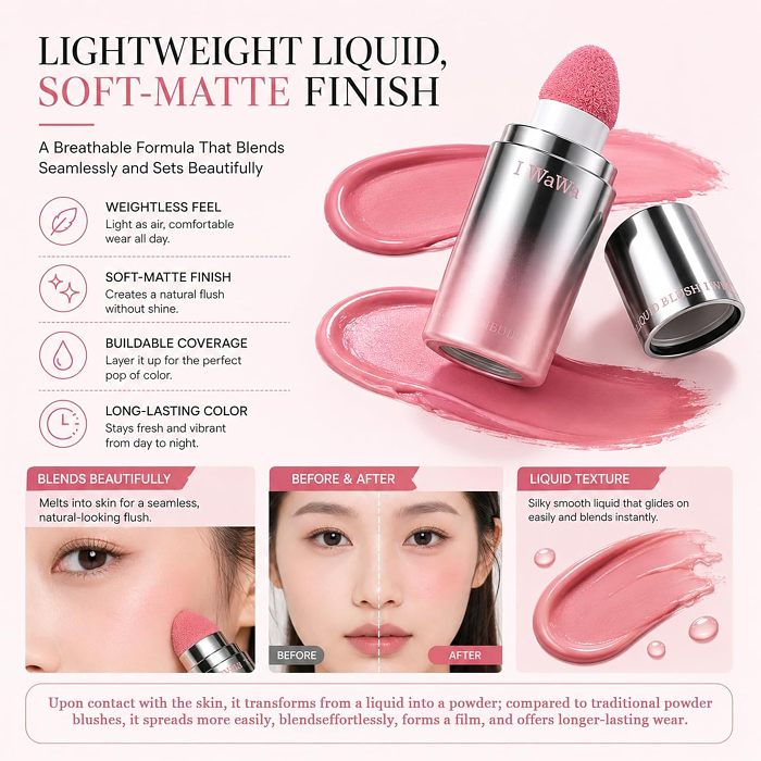 Liquid Blush, IWAWA Puffy Liquid Blush – Jelly Texture Cream Blush with Sponge Tip, Matte Nude Buildable Blusher, Lightweight & Silky Feel, Natural Radiant Finish