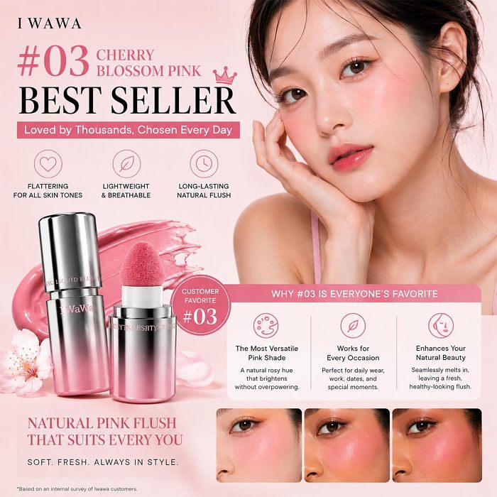 Liquid Blush, IWAWA Puffy Liquid Blush – Jelly Texture Cream Blush with Sponge Tip, Matte Nude Buildable Blusher, Lightweight & Silky Feel, Natural Radiant Finish