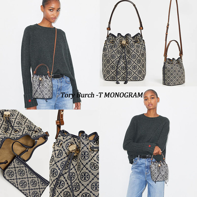 TORY BURCH T Monogram 雙T緹花布拼牛皮撞色肩背水桶包(海軍藍)