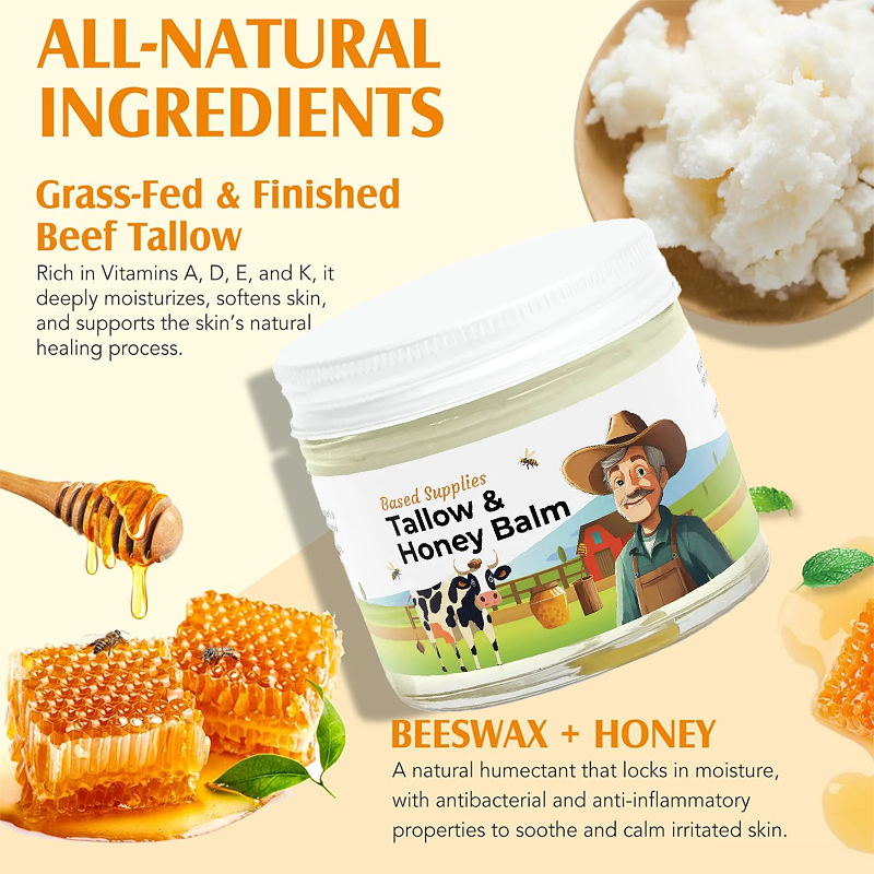 Based Supplies Tallow and Honey Balm, Made with Grass-Fed Beef Tallow and Wild Raw Honey, Balm forSkin Hydration