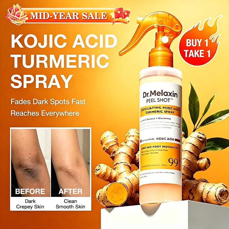 Mid-Year Mega Sale – Buy 1 Take 1 -Kojic Acid Turmeric Spray-200ml Pore Clearing Exfoliating Formula Skin Repair Scrub-Fades Dark Spots Fast, Brighten dark neck, underarms and thighs