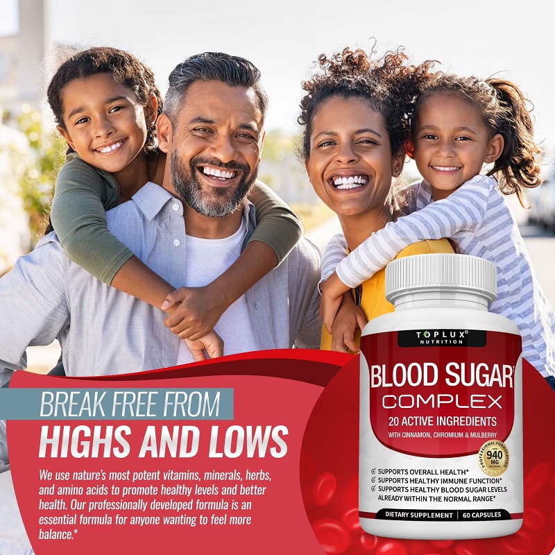 Toplux Blood Sugar Complex with Cinnamon to Support Heart Health, Overall Wellness, Energy & Immune System 60 Capsules