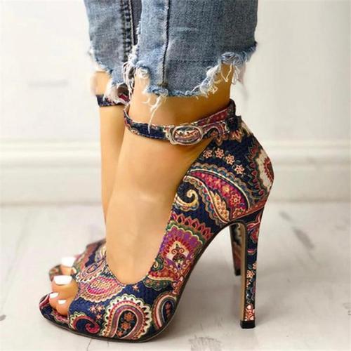 Ethnic Style Floral Print Buckle-Fastening Ankle Strap Peep Toe High Heels