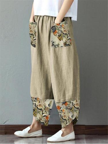 Comfortable Floral Printed Wide Leg Pocket Linen Pants