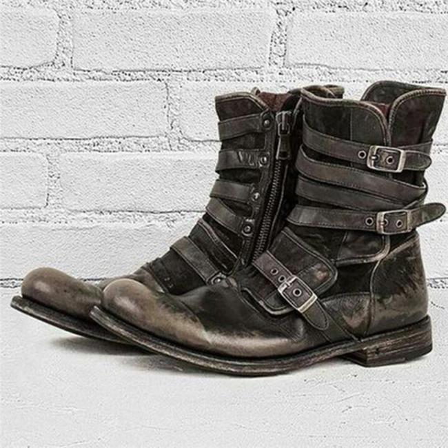 Men’s Vintage Style Buckle Up Side Zipper Chunky Low Heel Boots