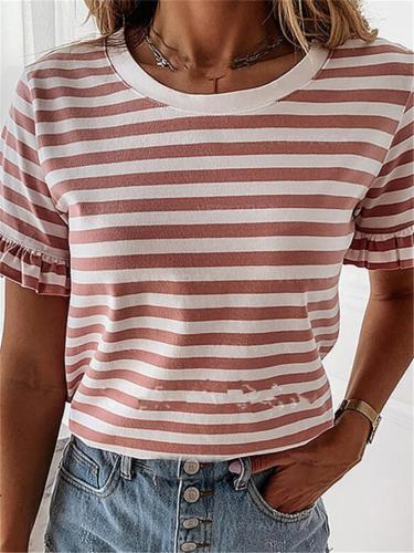 Relaxed Fit Round Neck Striped Ruffled Short Sleeve T-Shirt