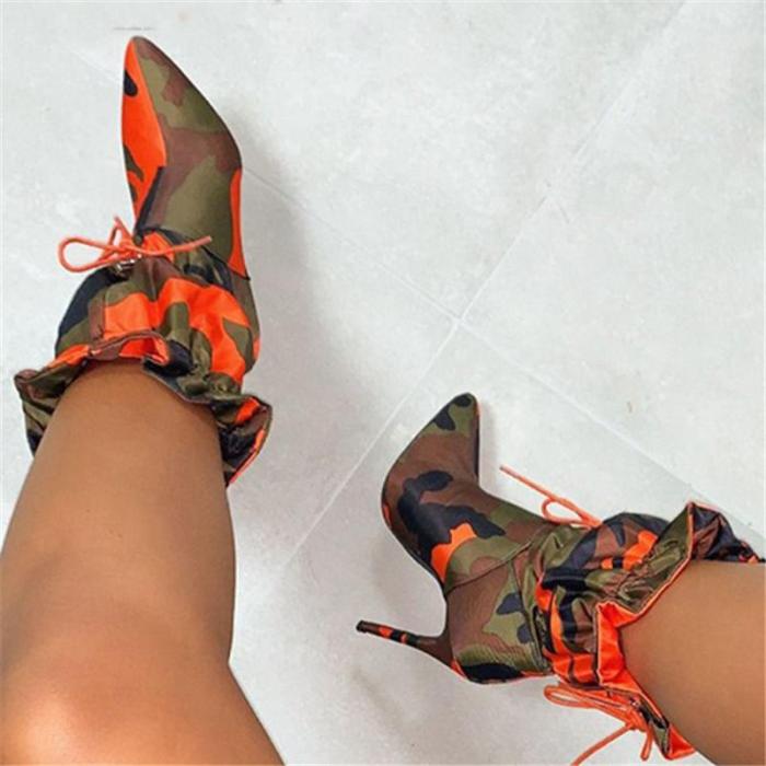 Stylish Pointed-Toe High Heel Camouflage Side Zipper Front Tie Up Boots