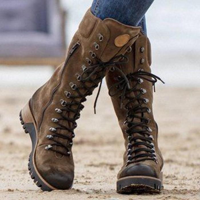 Women's Lace-up Leather Mid-Calf Boots