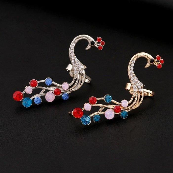 1 pc Ethnic Peacock Silver Earrings Colorful Rhinestones Ear Cuff Cartilage Earrings for Women